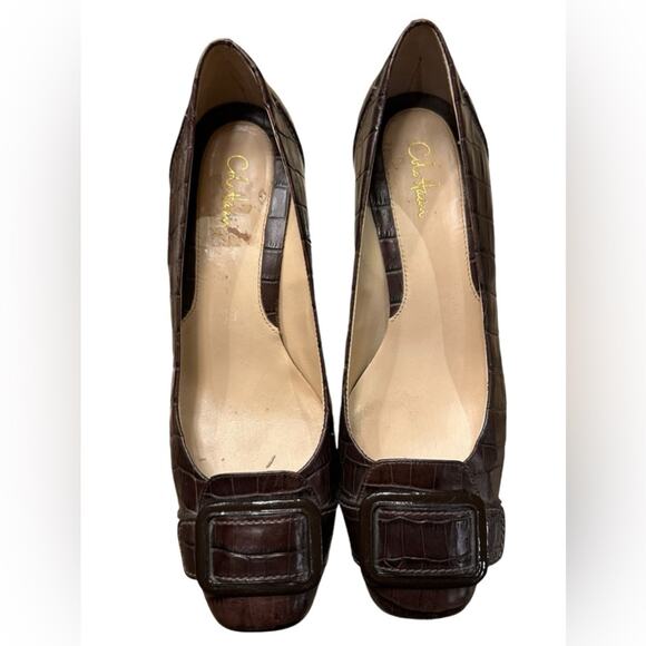 Cole Haan Women’s Size 8.5 Brown Leather Crocodile Print Kitten Heel Pumps - Picture 1 of 9